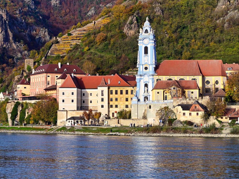 Dürnstein and its blue church tower on the Danube