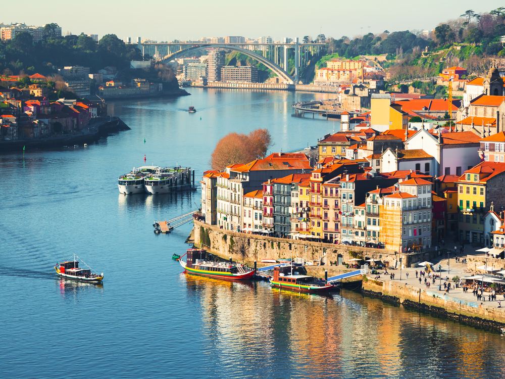 Porto's Ribeira waterfront on the Douro at sunset