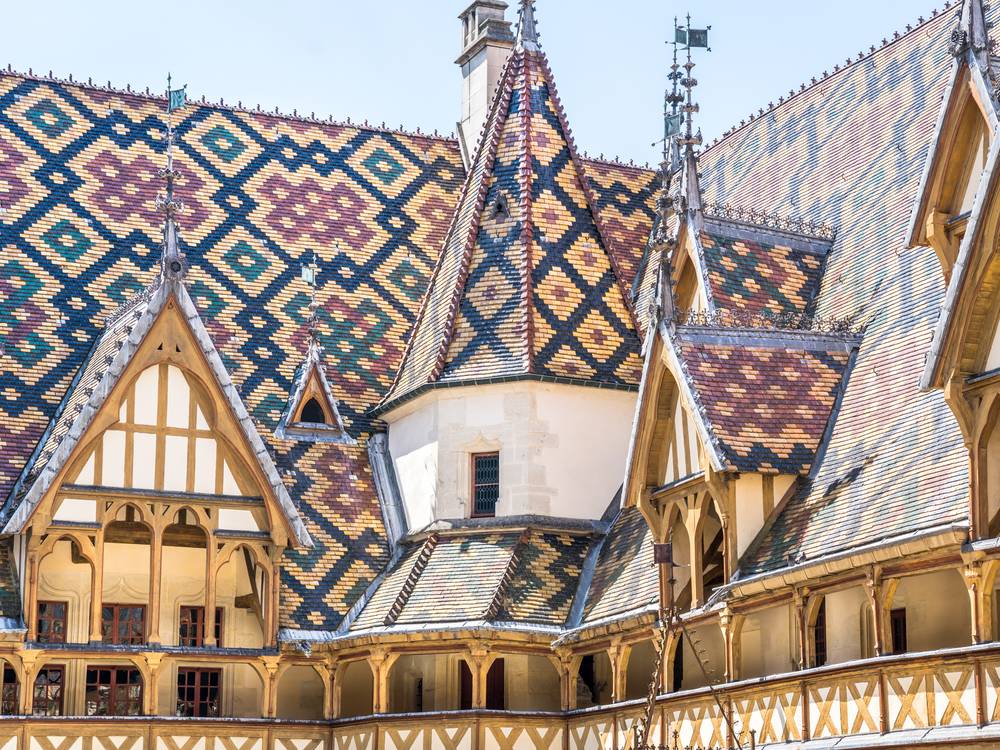 The glazed tiled roofs of the Hospices de Beaune