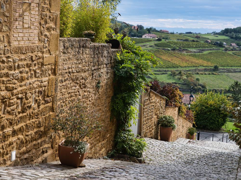 A lane in Oingt above the Beaujolais vineyards